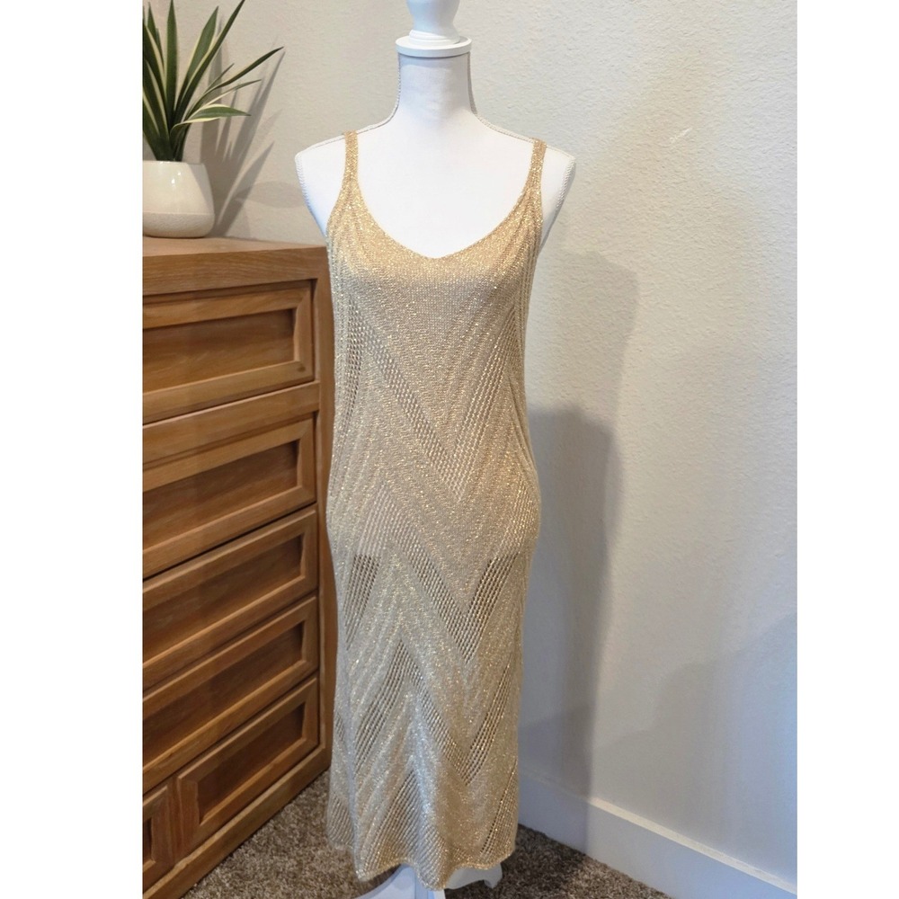 Floris‎ Italy Metallic Knit Midi Dress Chevron Sleeveless Gold Resort Glam S/M